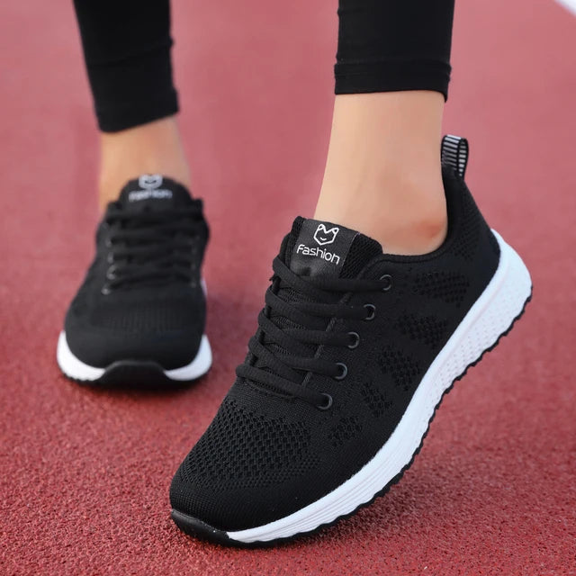 Women's Breathable Mesh Lace-Up Sneakers – Lightweight Flat Walking Shoes