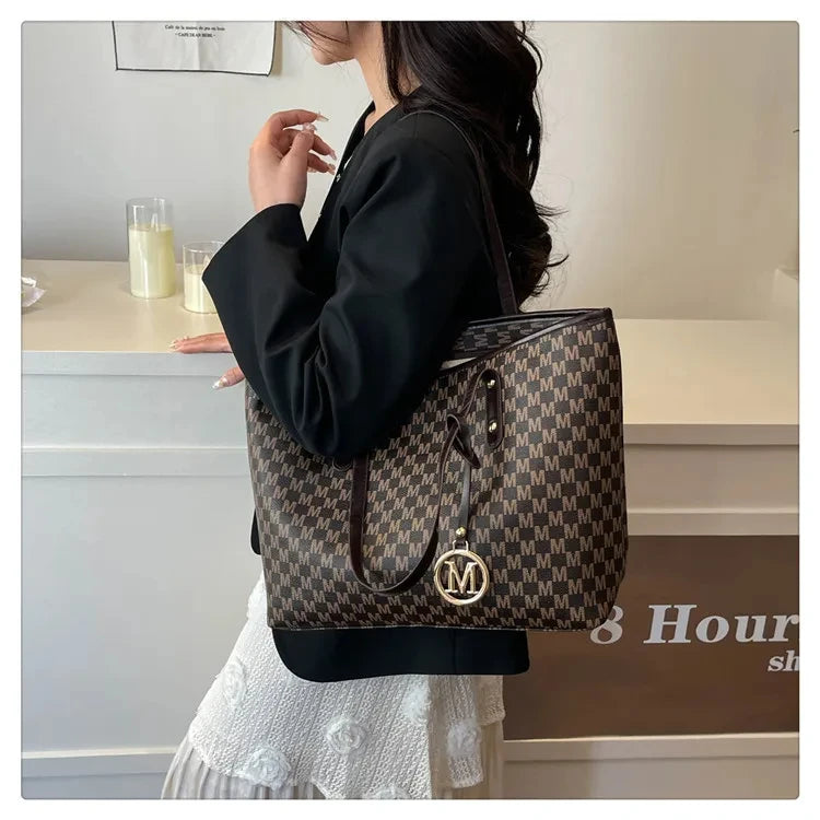 Letter Print Faux Leather Tote Bag — Large Capacity Shoulder Bag for Women