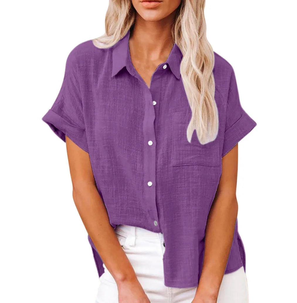 Women's Linen Pocket Blouse - Short Sleeve Loose Fit (S-5XL)