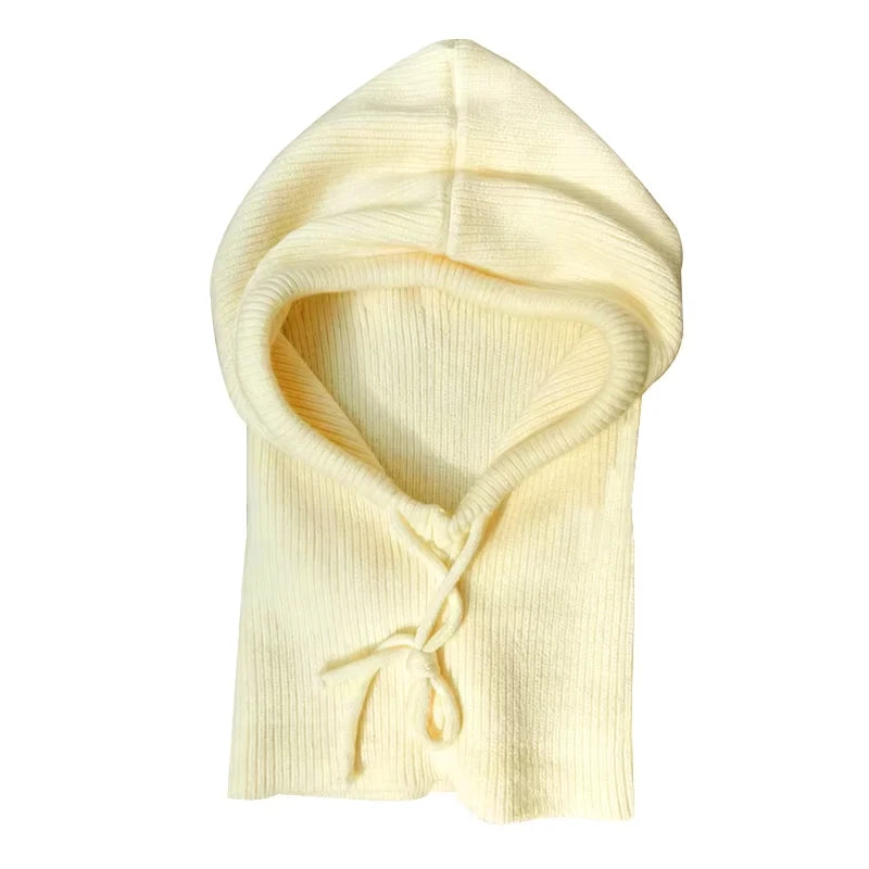 Pasamontañas de punto con capucha, bufanda de punto, estilo coreano, para exteriores, bufanda cálida con capucha y cordón ajustable