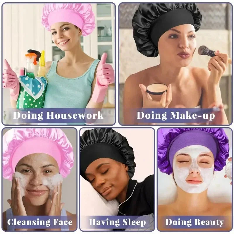 1 unidad de gorro de satén de seda suave con forro, gorro de satén grande para el cabello, gorro de ducha para dormir, envoltura para el cabello largo, herramienta de salón