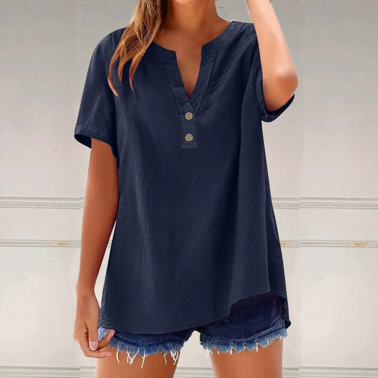 Summer Cotton Linen Women Shirts Fashion Breathable Solid Color V-Neck Blouses Casual Short Sleeve Button Lady Office Tops 2025
