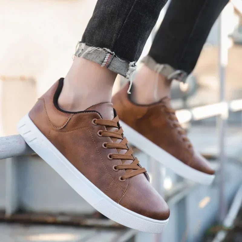 Men's British-Style Leather Sneakers | Casual Lace-Up Flat Shoes