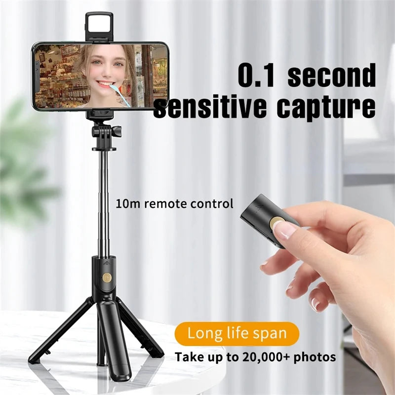 3-in-1 Selfie Stick Tripod – Fill Light, Bluetooth Remote & Foldable Stand