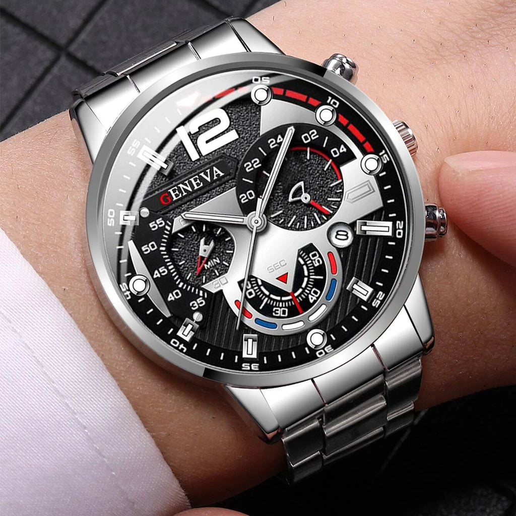 Men's Stainless Steel Quartz Watch – Chronograph-Style Dial with Calendar