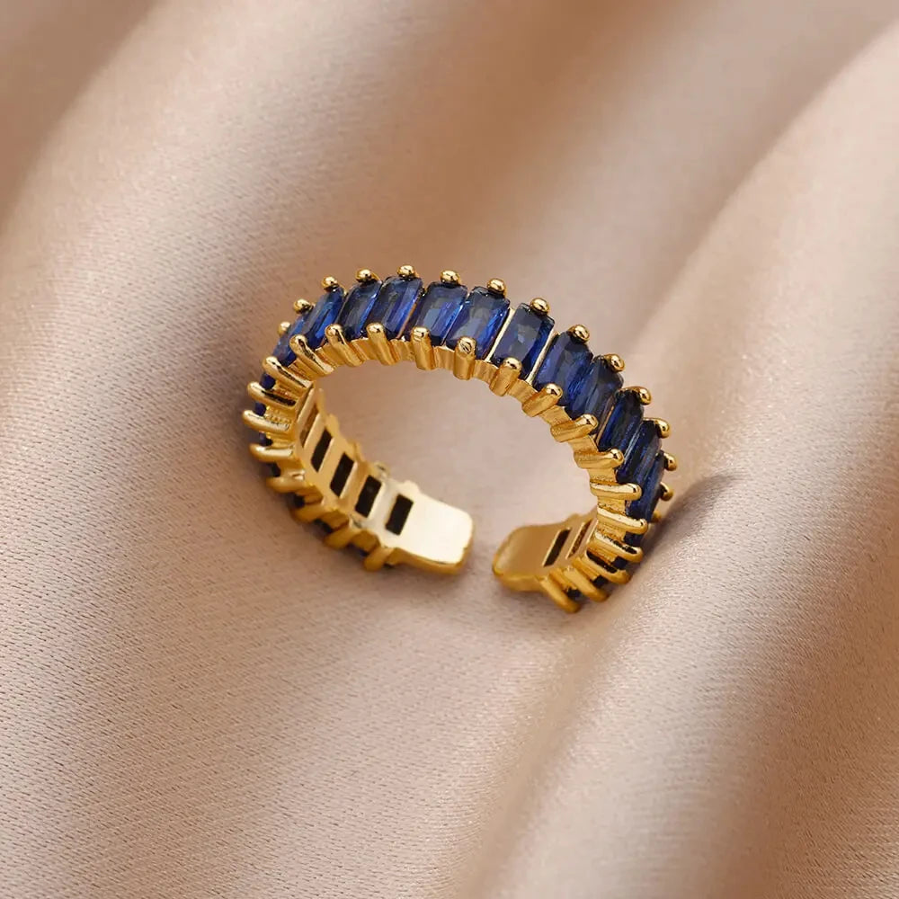 Anillo Abierto de Circonita Cúbica de Colores | Acero Inoxidable Bañado en Oro de 18K | Estilo Boho Vintage | Regalo para Mujer