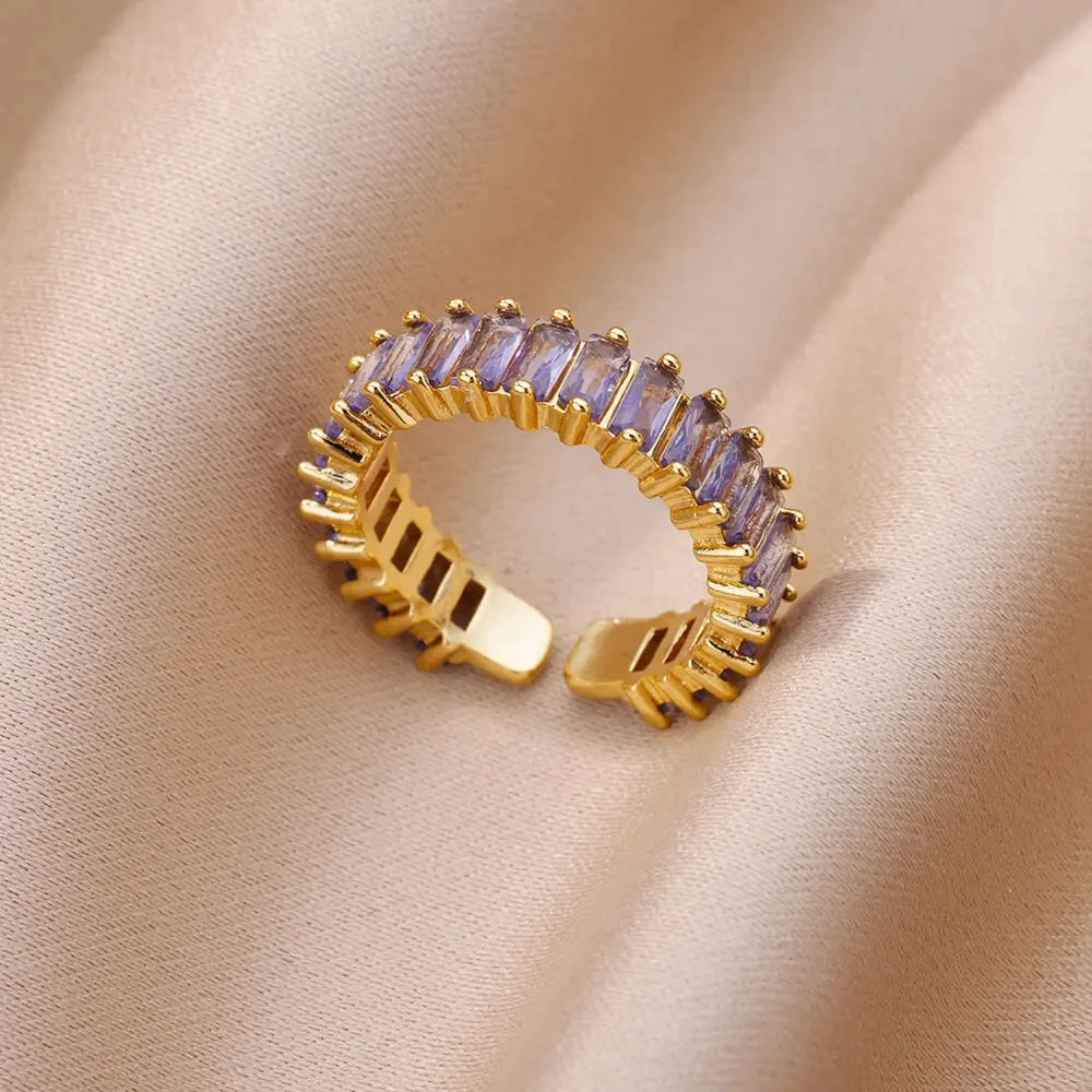 Anillo Abierto de Circonita Cúbica de Colores | Acero Inoxidable Bañado en Oro de 18K | Estilo Boho Vintage | Regalo para Mujer