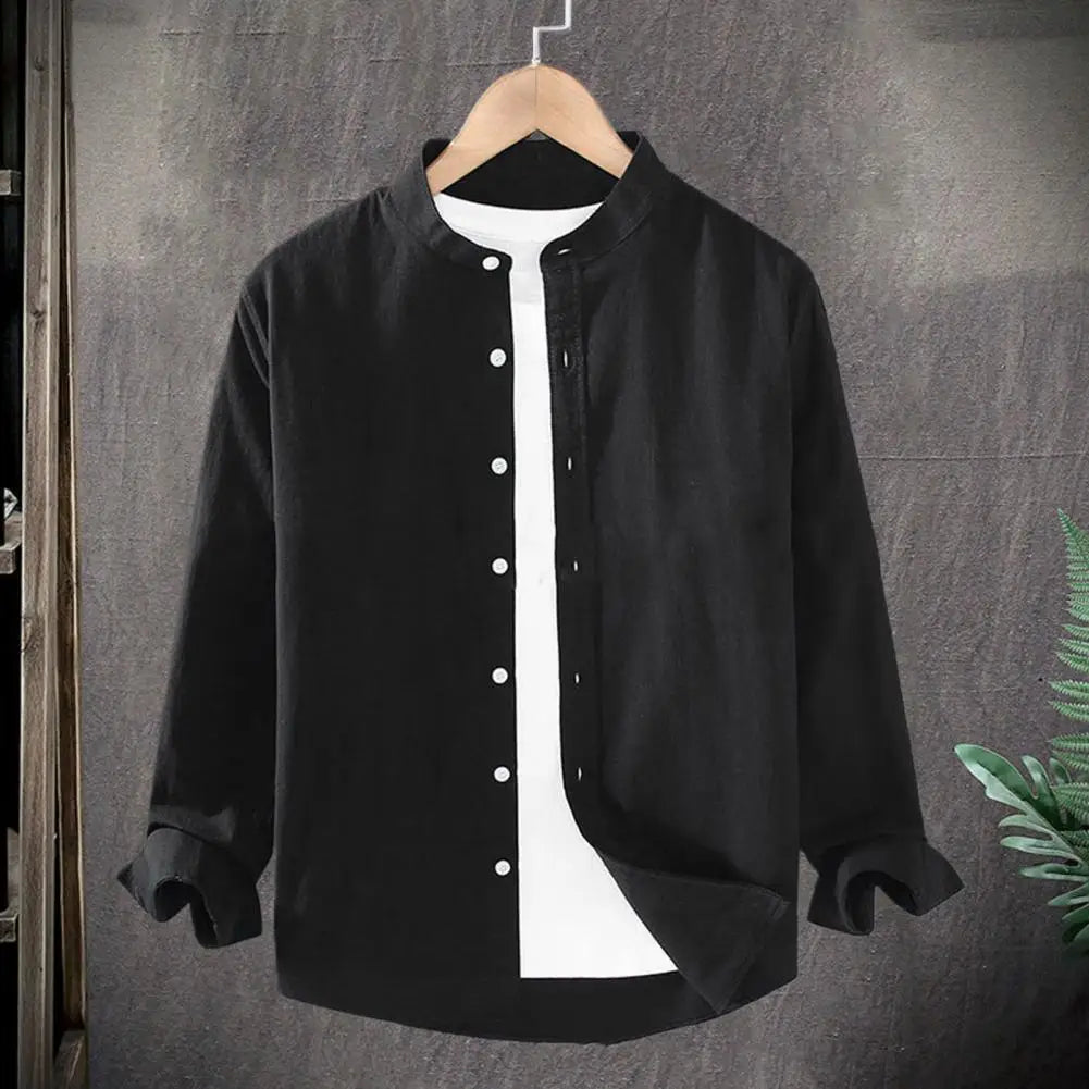 Men's Linen Stand Collar Shirt - Long Sleeve Casual (M-4XL)