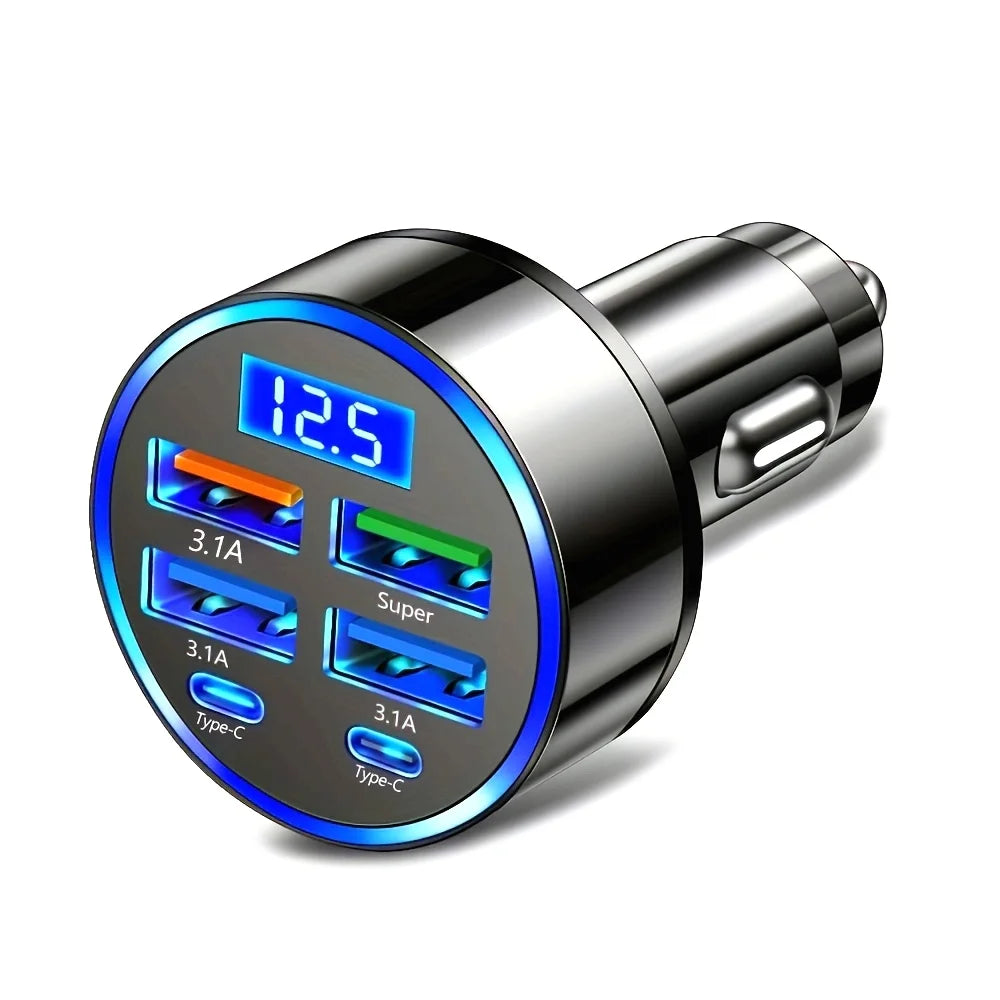 6-in-1 Fast Charging Car Adapter – 3.1A Dual USB & Type-C with Digital Display