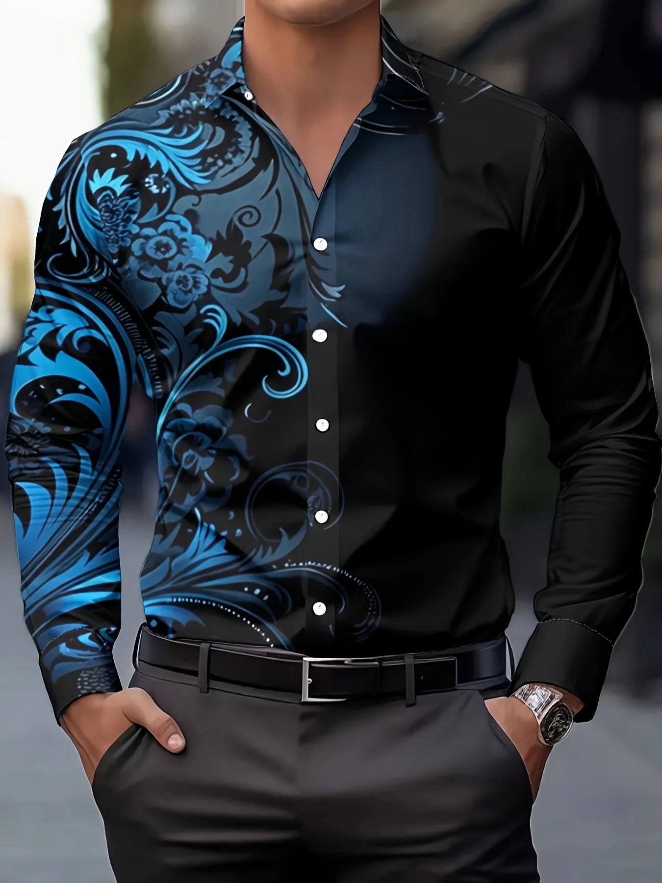 Men's Floral Print Dress Shirt - Long Sleeve Button-Up (S-5XL)