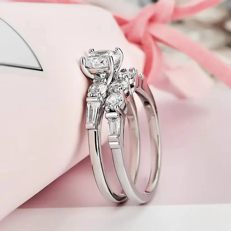 Simulated Diamond Combo Ring | Round & Baguette Cut | Silver Plated Band