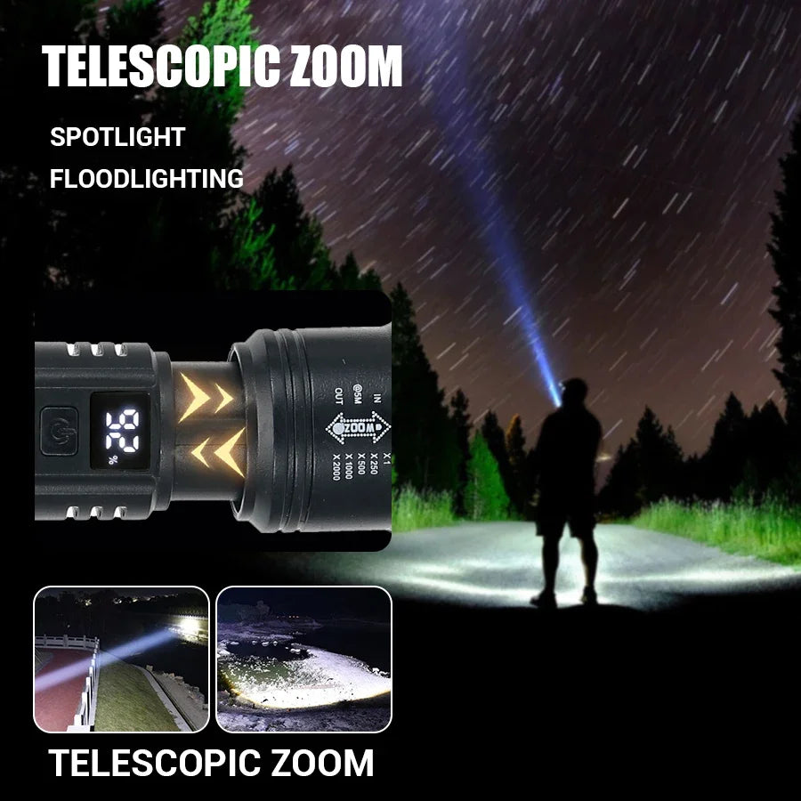 Tactical LED Flashlight – 2000LM, Zoomable, USB Rechargeable & Power Bank