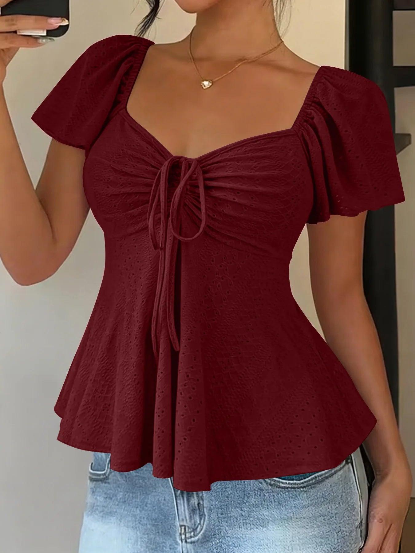 Women's Y2K Drawstring Blouse - V-Neck Butterfly Sleeve (S-XXL)