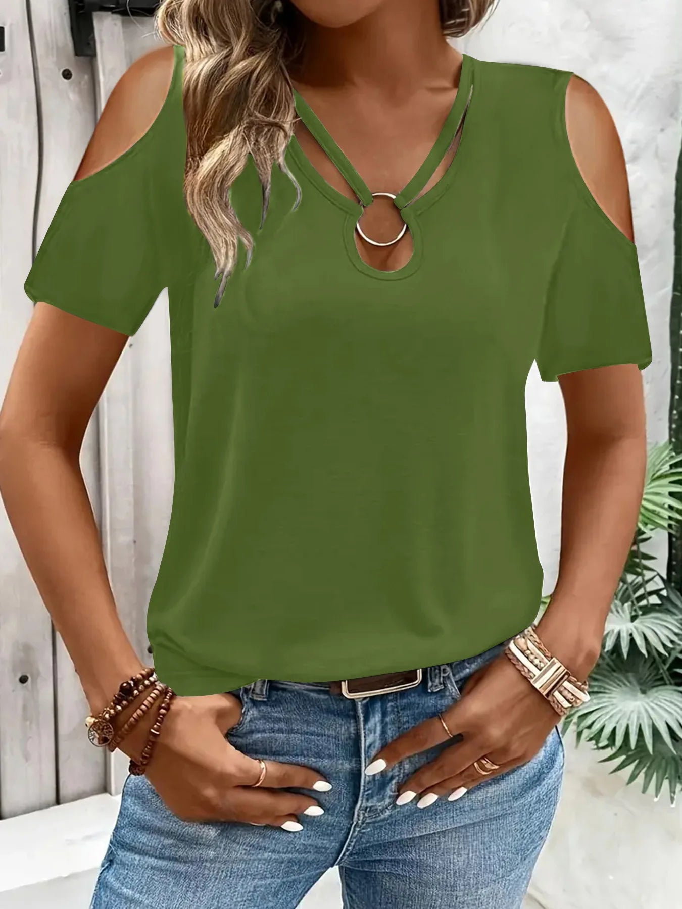 Women's Hollow Out Blouse - Off Shoulder Cross V-Neck (S-XXL)