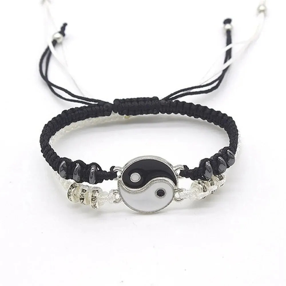 Couple Yin Yang Bracelet Set – Black & White Adjustable Rope Chain | 2 PC