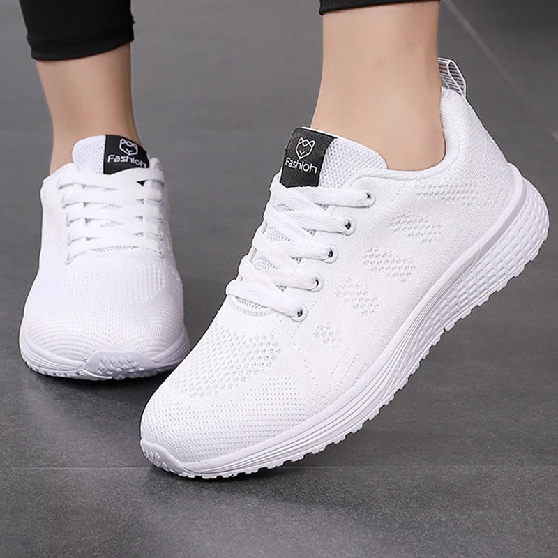 Women's Breathable Mesh Lace-Up Sneakers – Lightweight Flat Walking Shoes
