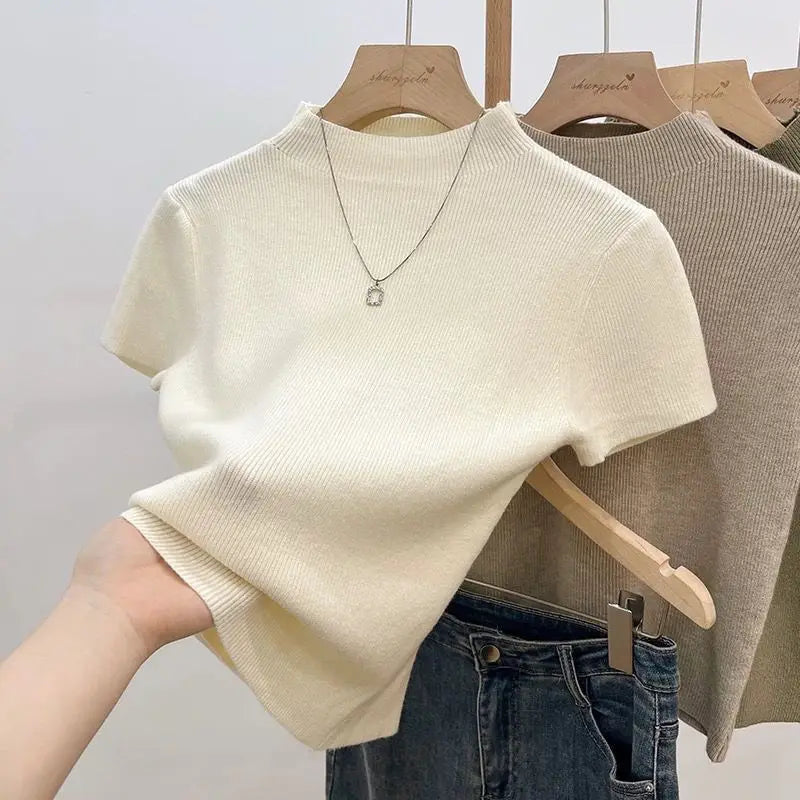 Women's Basic Turtleneck Slim Knit Sweater | Short Sleeve Bodycon Pullover Top One Size