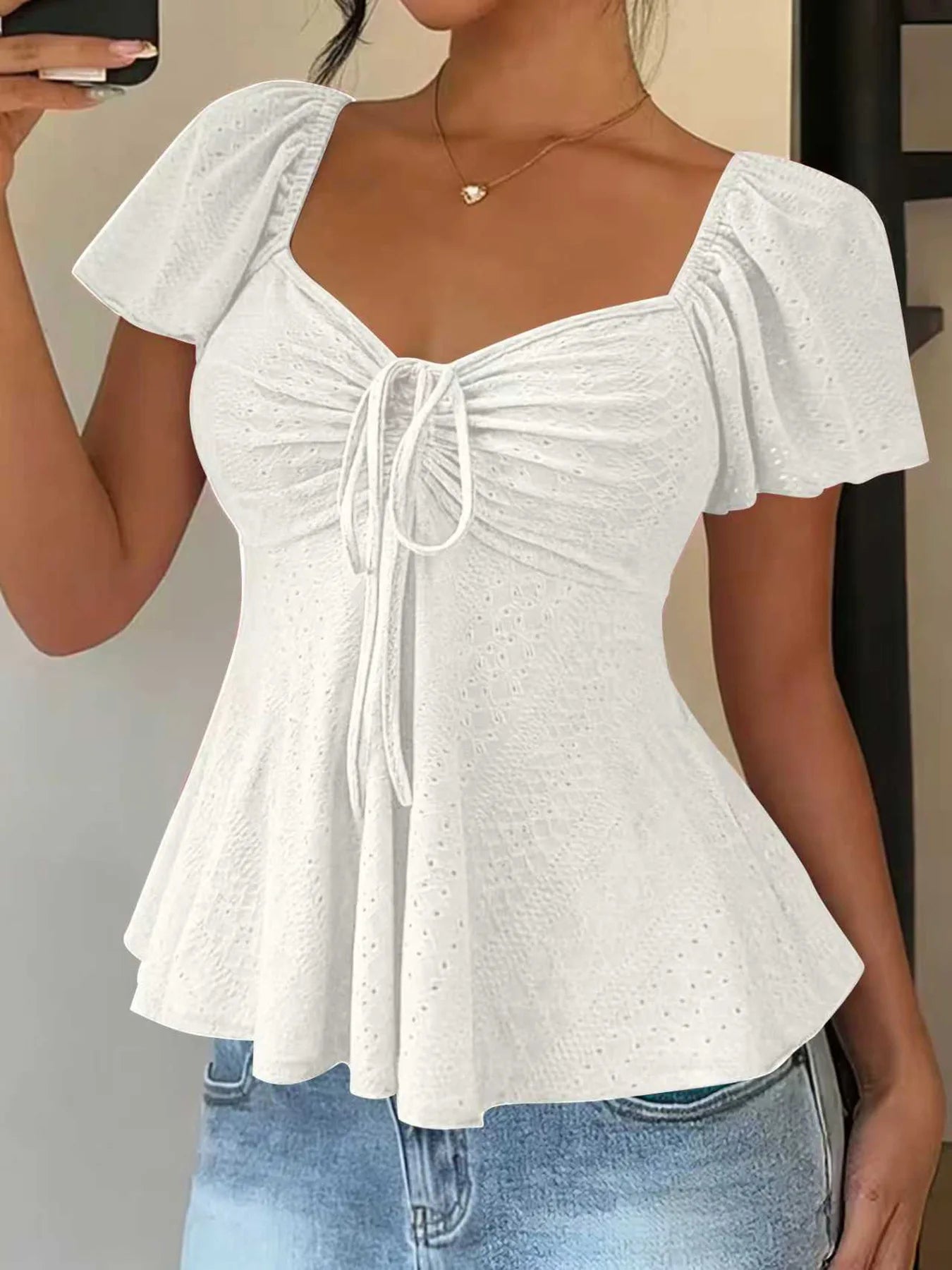 Women's Y2K Drawstring Blouse - V-Neck Butterfly Sleeve (S-XXL)
