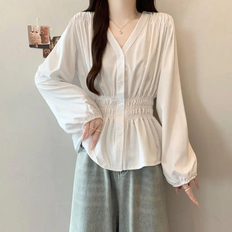 Women's Plus Size Puff Sleeve Blouse – V-Neck Smocked Waist Peplum Top