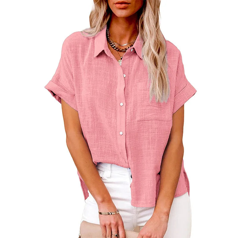 Women's Linen Pocket Blouse - Short Sleeve Loose Fit (S-5XL)