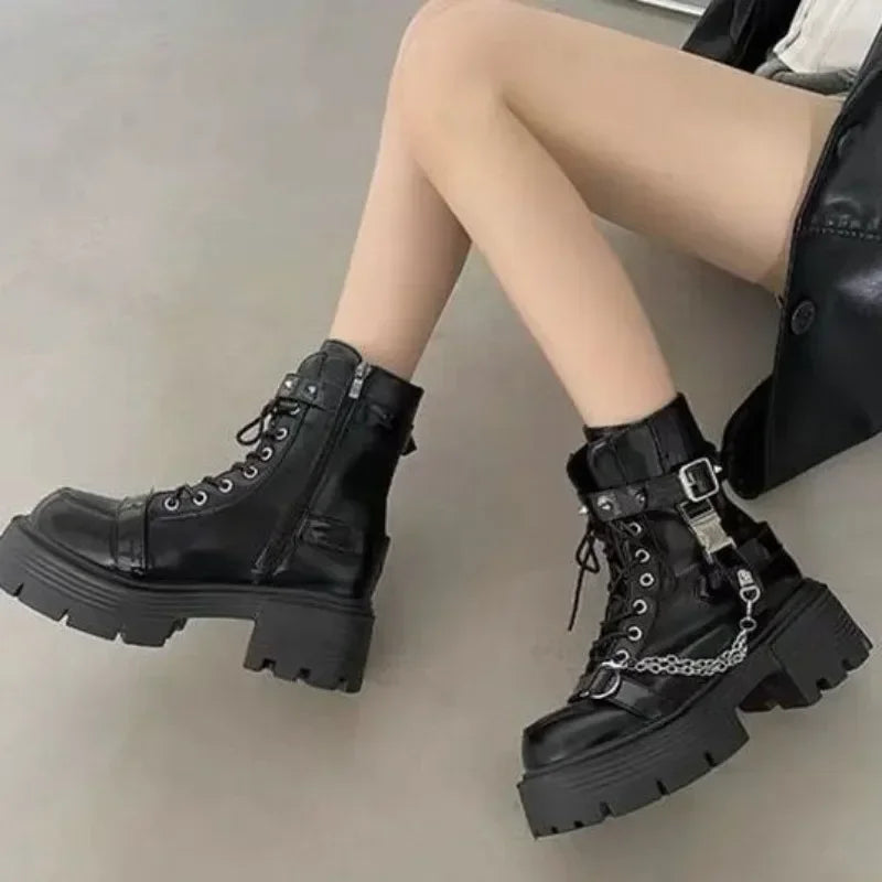 2026 New Women's Boots Gothic Ladies Shoes Rivet Chain Design Short Boots Fashion Lady Rock Boots Metal Decor Punk Women Shoes