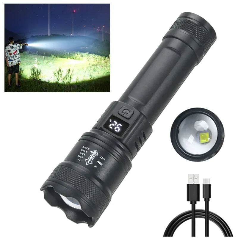 Tactical LED Flashlight – 2000LM, Zoomable, USB Rechargeable & Power Bank