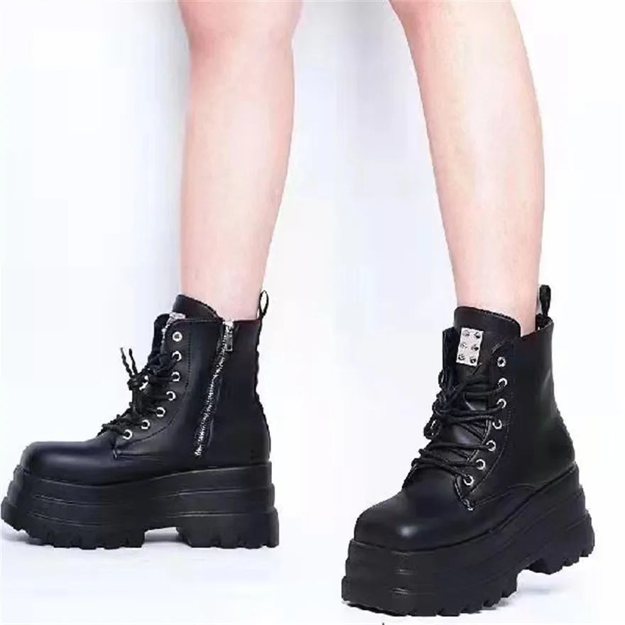 Punk Style Women Platform Wedges Boots 2025 Autumn Soft Leather Fashion Metal Rivet Female Lace Up High Heel Gothic Shoes Black