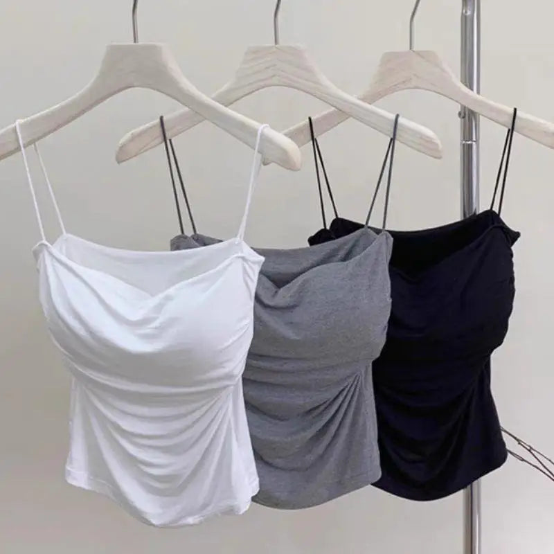 Women's Y2K Spaghetti Strap Cami Top | Built-In Bra Bodycon Sleeveless Crop Top One Size