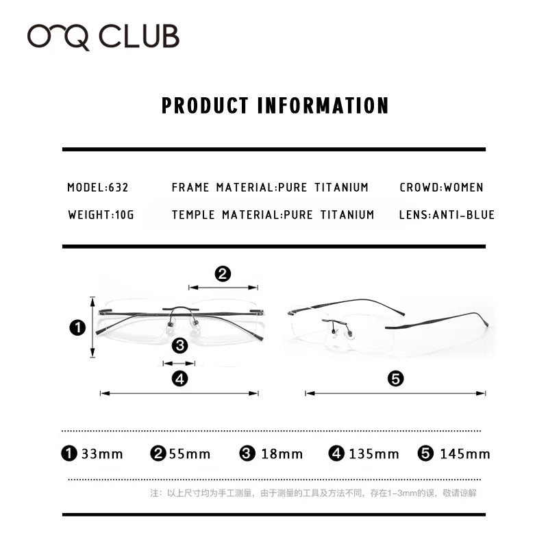 O-Q CLUB Ultra-Light Titanium Rimless Prescription Glasses | Unisex