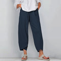 Pantalones bombachos de algodón y lino para mujer, estampado vintage, pierna ancha, casual, bolsillos lisos, Harajuku, cintura alta, holgados, joggers