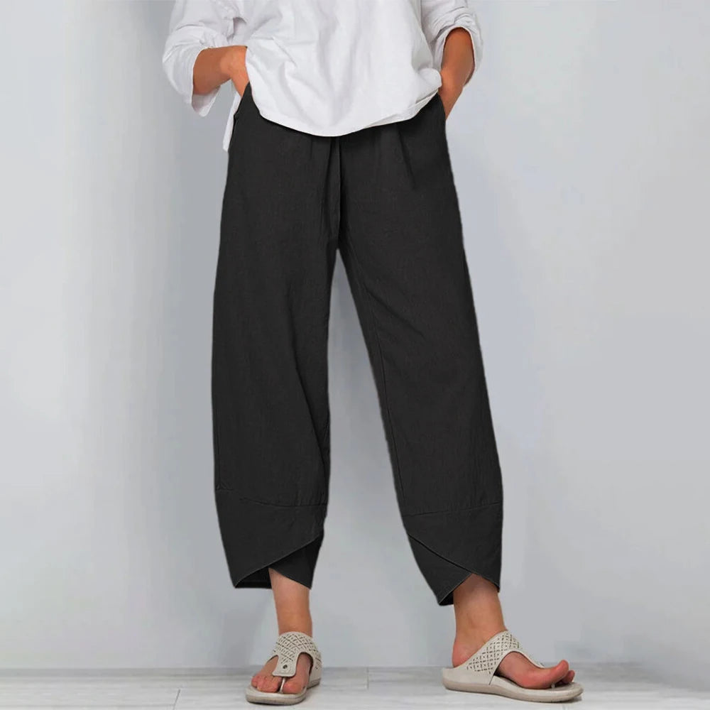 Pantalones bombachos de algodón y lino para mujer, estampado vintage, pierna ancha, casual, bolsillos lisos, Harajuku, cintura alta, holgados, joggers