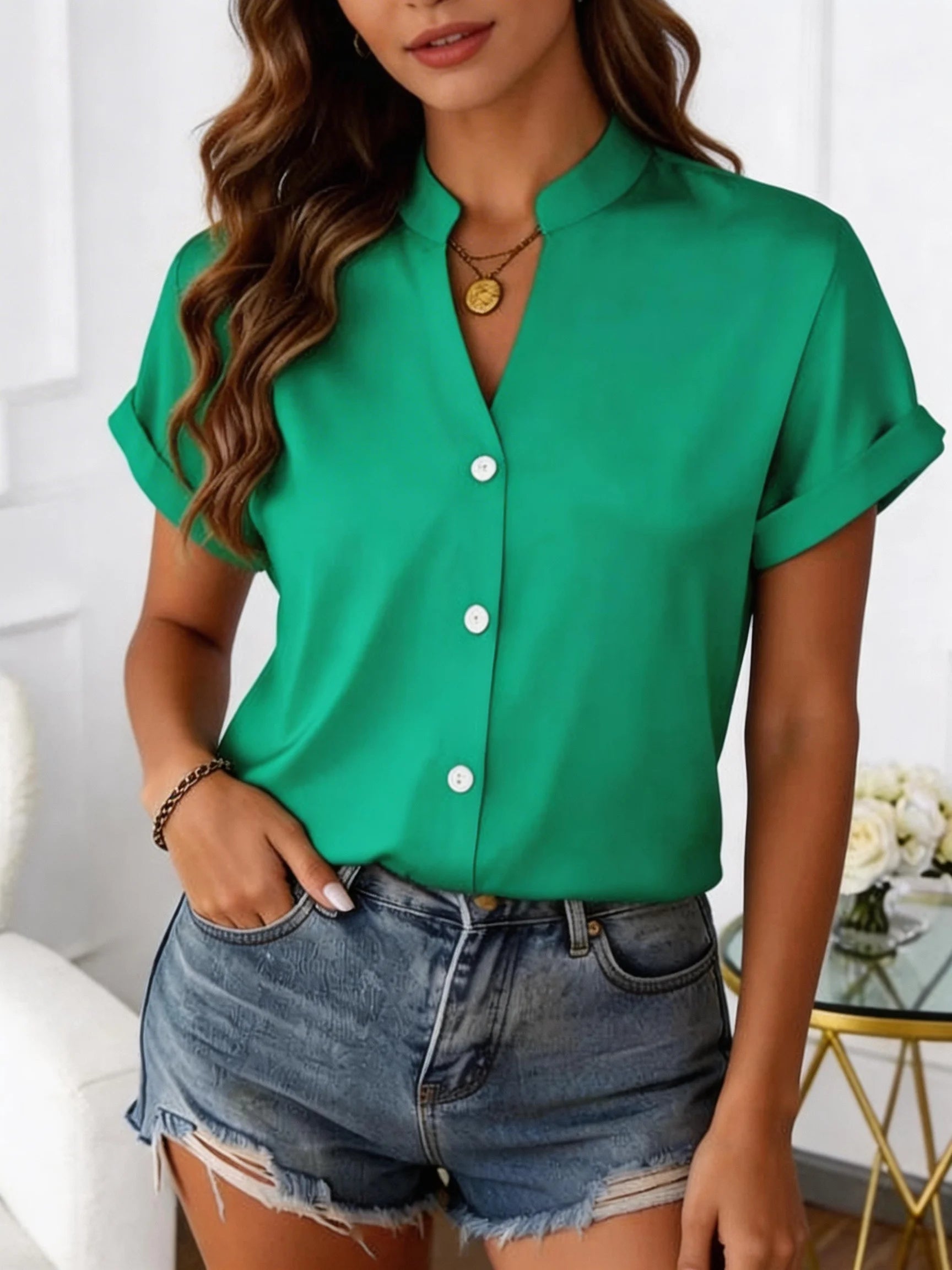 Women's V-Neck Blouse - Short Sleeve Loose Fit (S-XXL)
