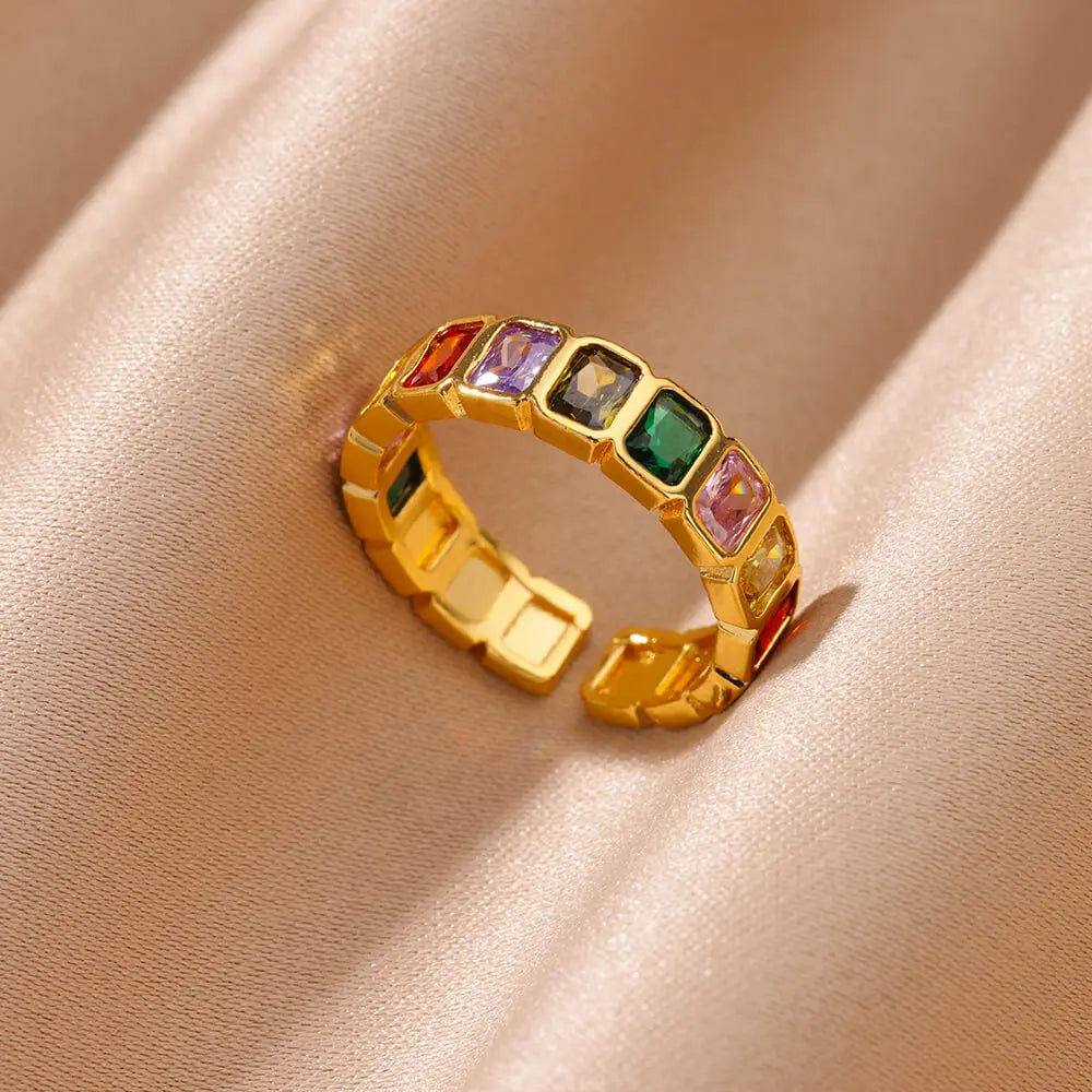 Anillo Abierto de Circonita Cúbica de Colores | Acero Inoxidable Bañado en Oro de 18K | Estilo Boho Vintage | Regalo para Mujer