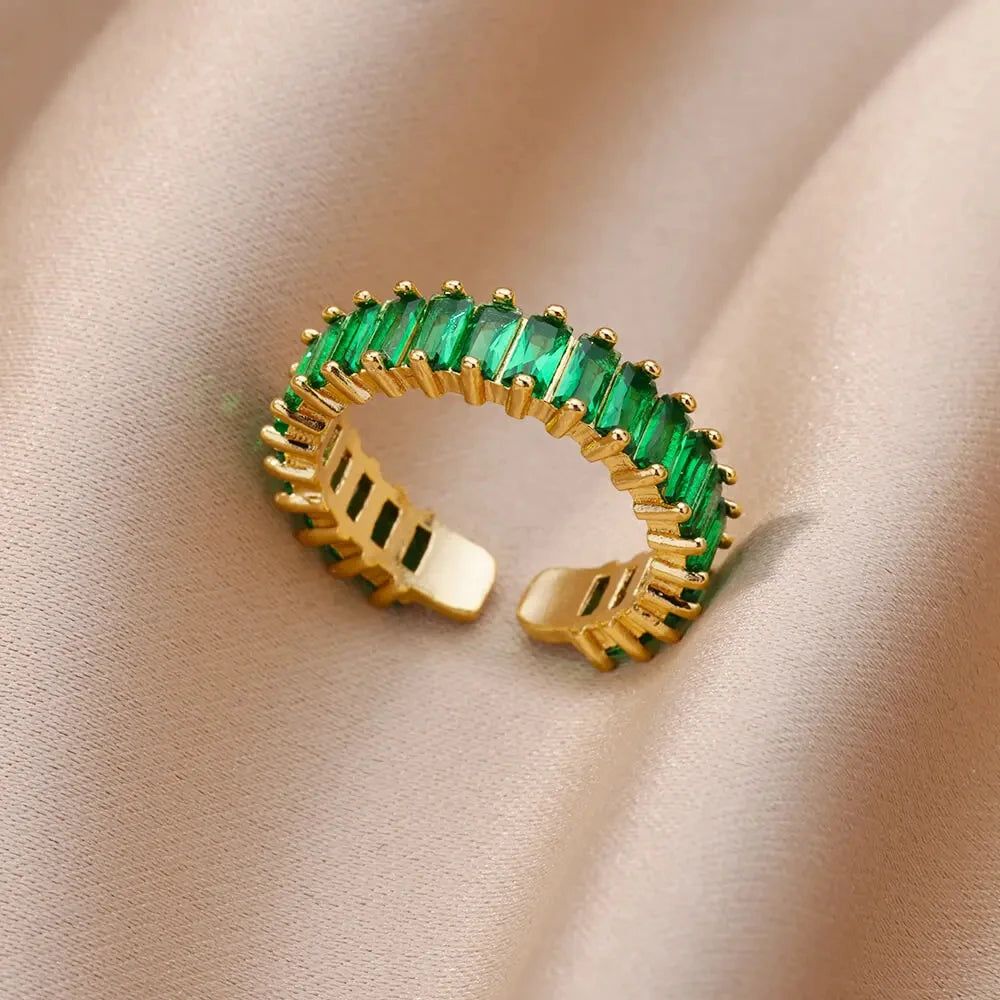 Anillo Abierto de Circonita Cúbica de Colores | Acero Inoxidable Bañado en Oro de 18K | Estilo Boho Vintage | Regalo para Mujer