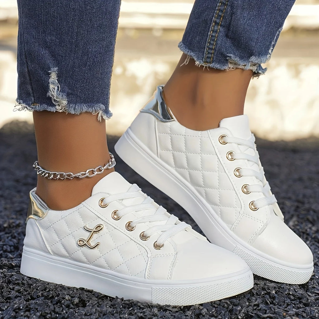 Women's Gold-Embellished Lace-Up Sneakers – Lightweight PU Low-Top Casual Shoes