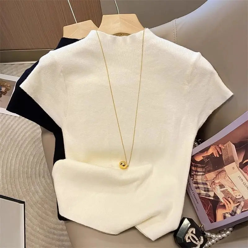 Women's Basic Turtleneck Slim Knit Sweater | Short Sleeve Bodycon Pullover Top One Size