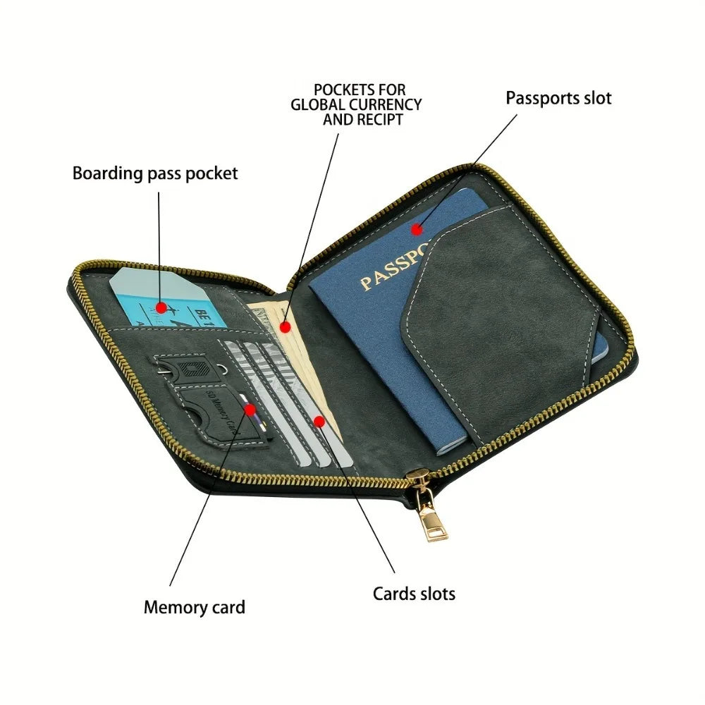 New Blocking Passport Wallet with Zipper Thickened PU Anti-Theft Travel Organizer Slim Card Holder Storage Bag Travel Essentials