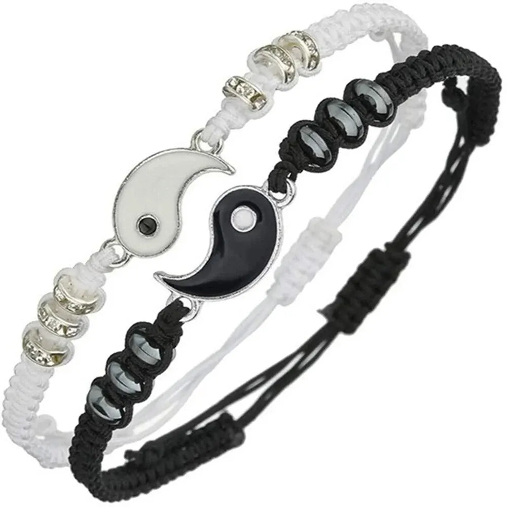 Couple Yin Yang Bracelet Set – Black & White Adjustable Rope Chain | 2 PC