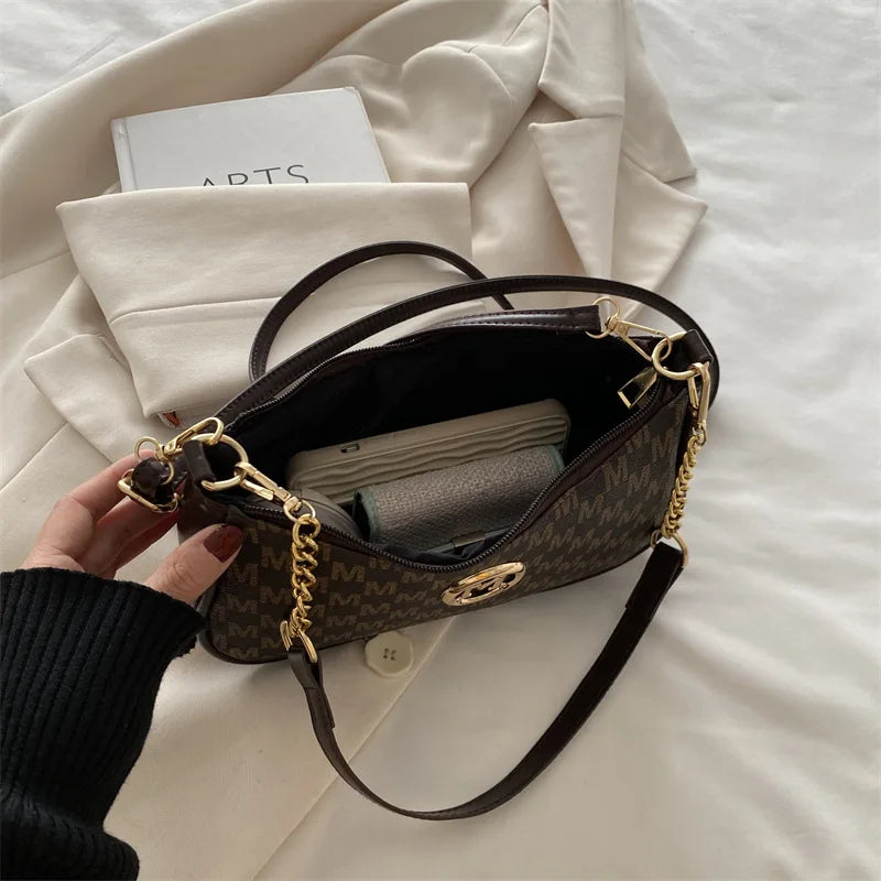 Vintage Gold Letter 'M' PU Leather Crossbody Bag — Shoulder & Messenger Handbag