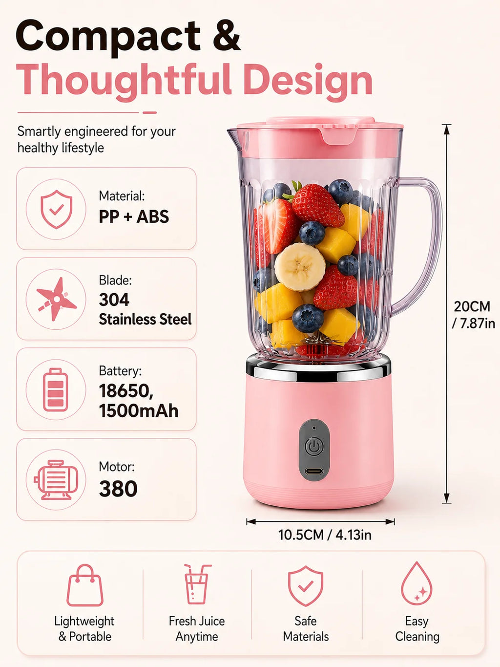 Compact 20cm Mini Portable Blender 800ml Large Capacity USB Charging 304 Steel Blade Smoothie Juicer Cup Easy To Clean
