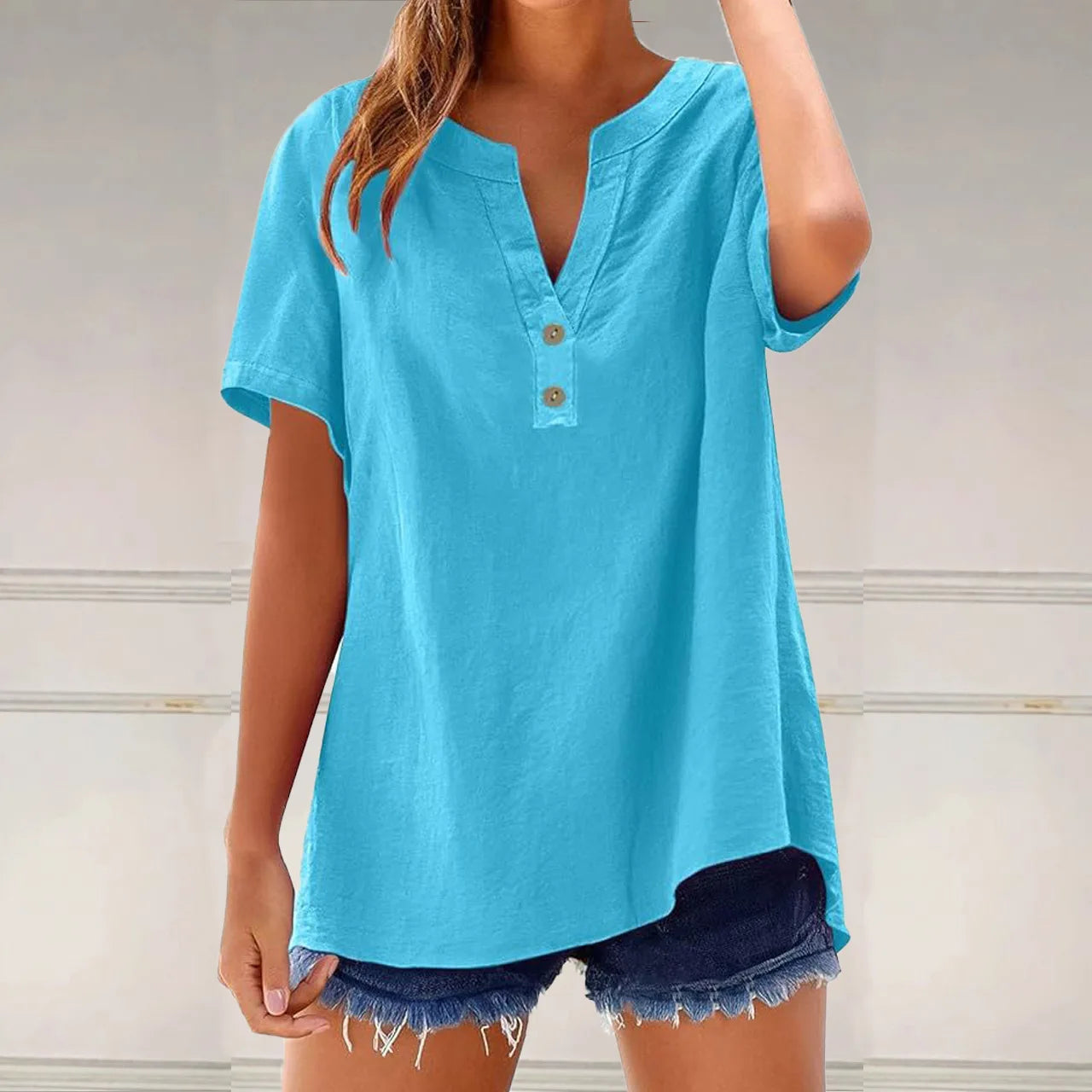 Summer Cotton Linen Women Shirts Fashion Breathable Solid Color V-Neck Blouses Casual Short Sleeve Button Lady Office Tops 2025