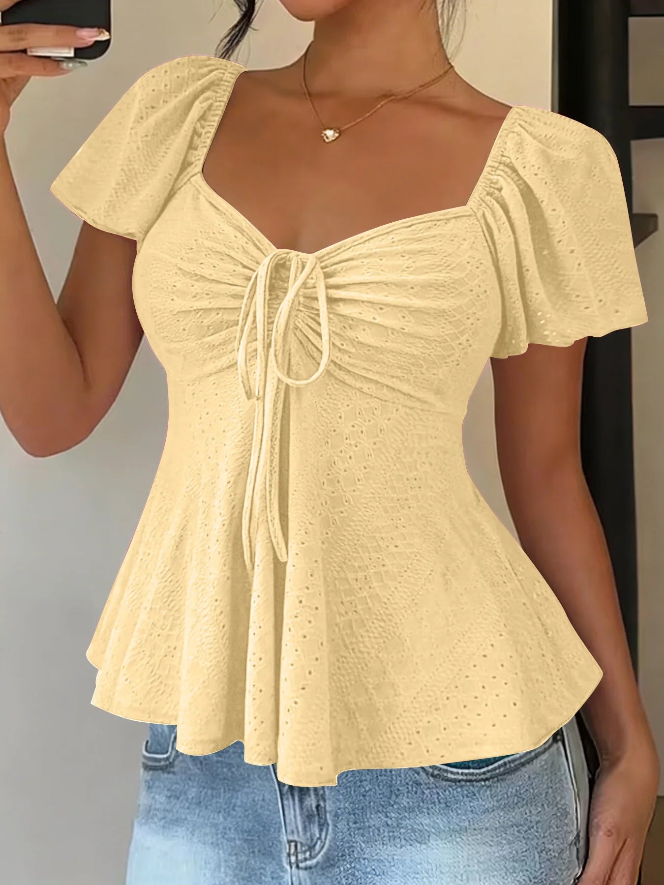 Women's Y2K Drawstring Blouse - V-Neck Butterfly Sleeve (S-XXL)