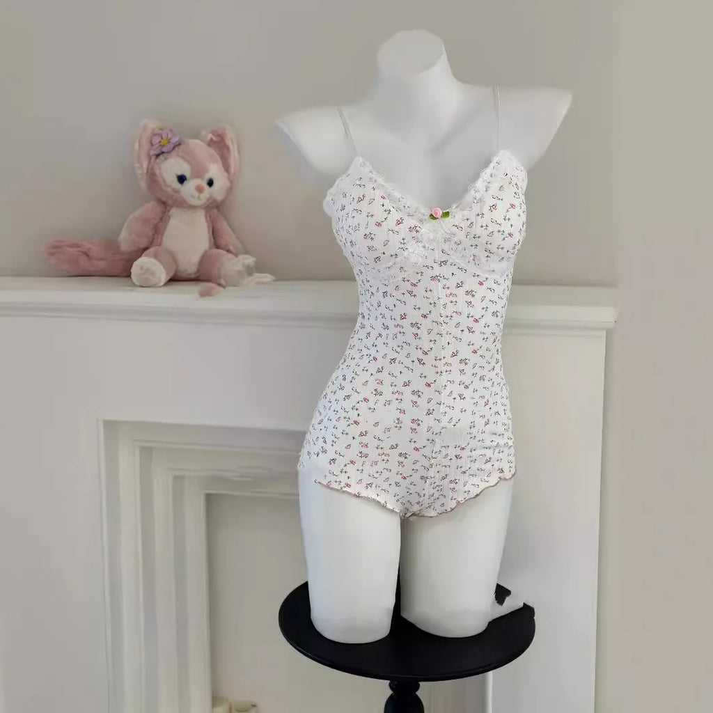 Women's Floral Print Spaghetti Strap Romper – Slim Fit Open Back Bodysuit