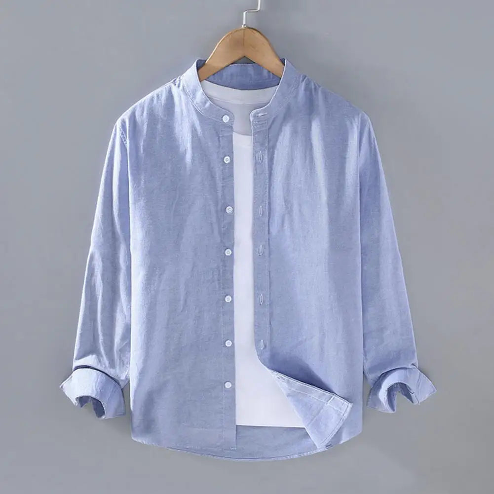 Men's Linen Stand Collar Shirt - Long Sleeve Casual (M-4XL)