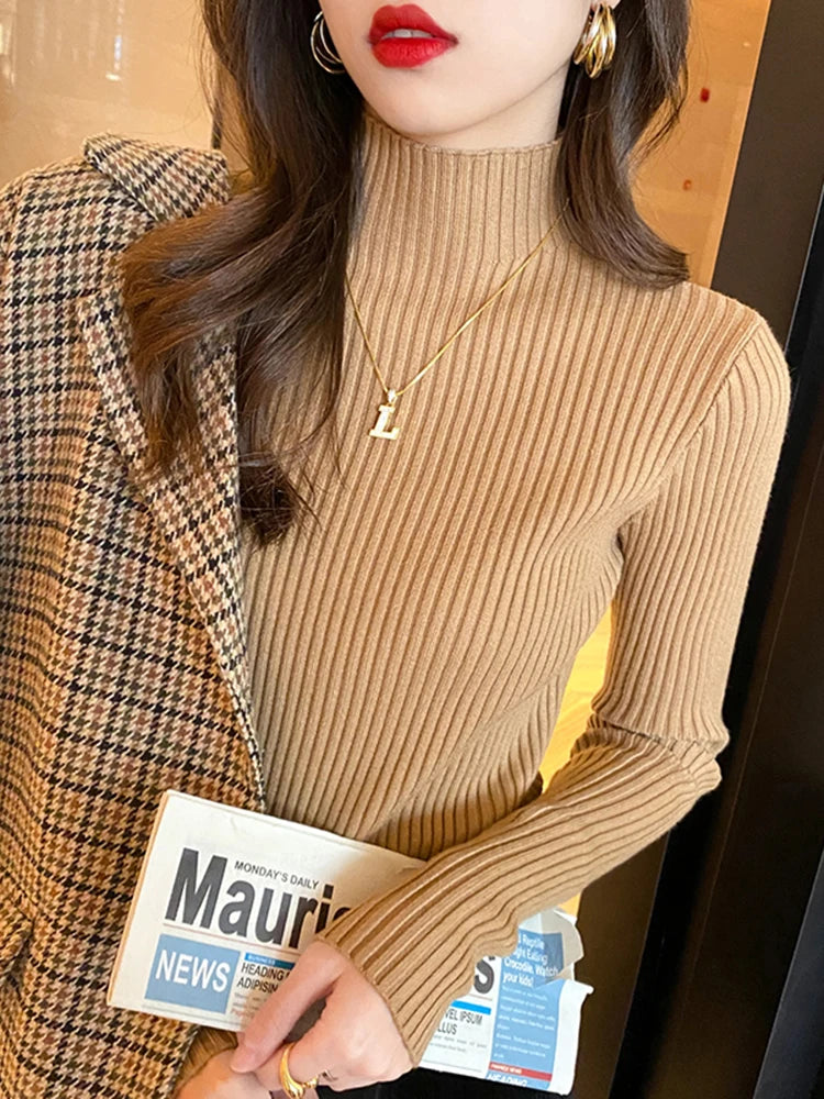 Women's Elegant Mock Neck Slim Knit Sweater | Long Sleeve Casual Pullover 9 Colors One Size