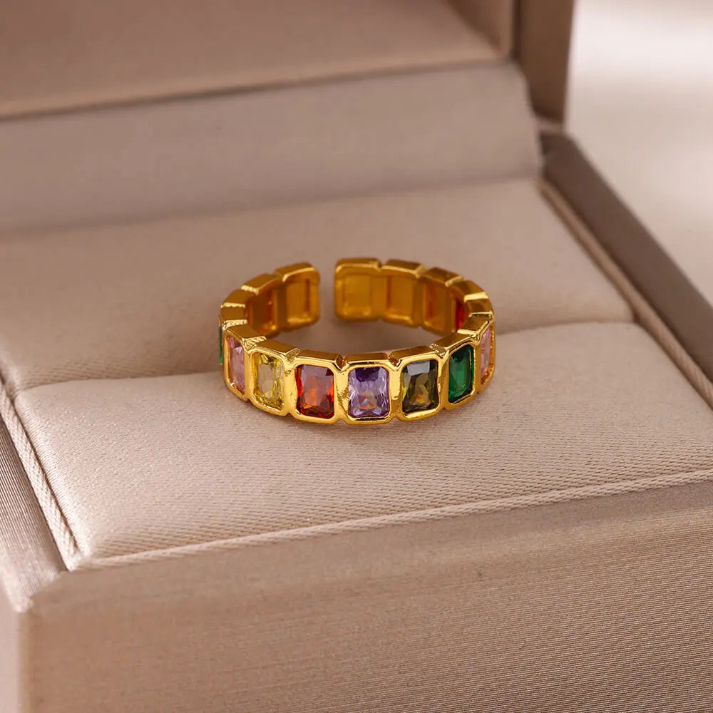 Anillo Abierto de Circonita Cúbica de Colores | Acero Inoxidable Bañado en Oro de 18K | Estilo Boho Vintage | Regalo para Mujer
