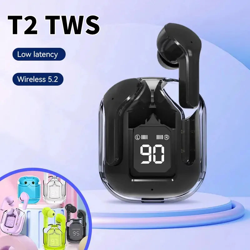 T2 Wireless Earbuds – Transparent Case, HiFi Sound, LED Display, Built-in Mic