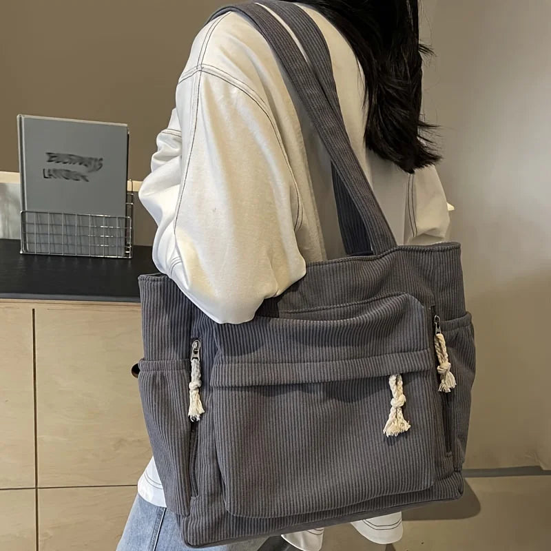 Corduroy Shoulder Tote Bag — Casual Multi-Pocket Women's Handbag