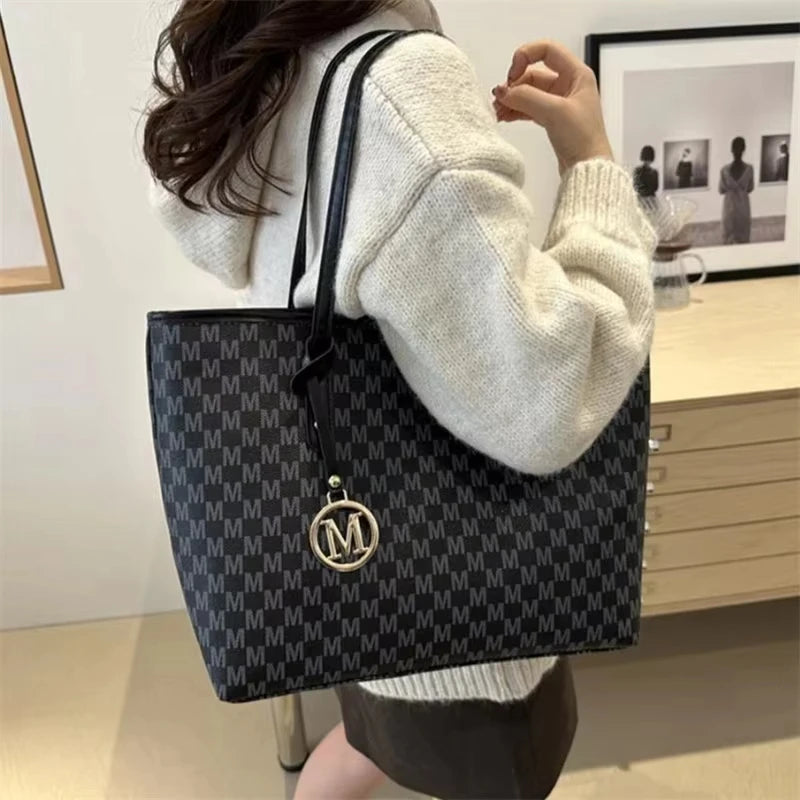 Letter Print Faux Leather Tote Bag — Large Capacity Shoulder Bag for Women