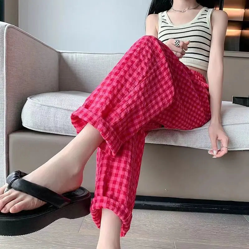 Pantalones de pijama a cuadros de nueve puntos para el hogar de verano, casuales, relajados, transpirables, finos, con cintura elástica para estudiantes femeninas